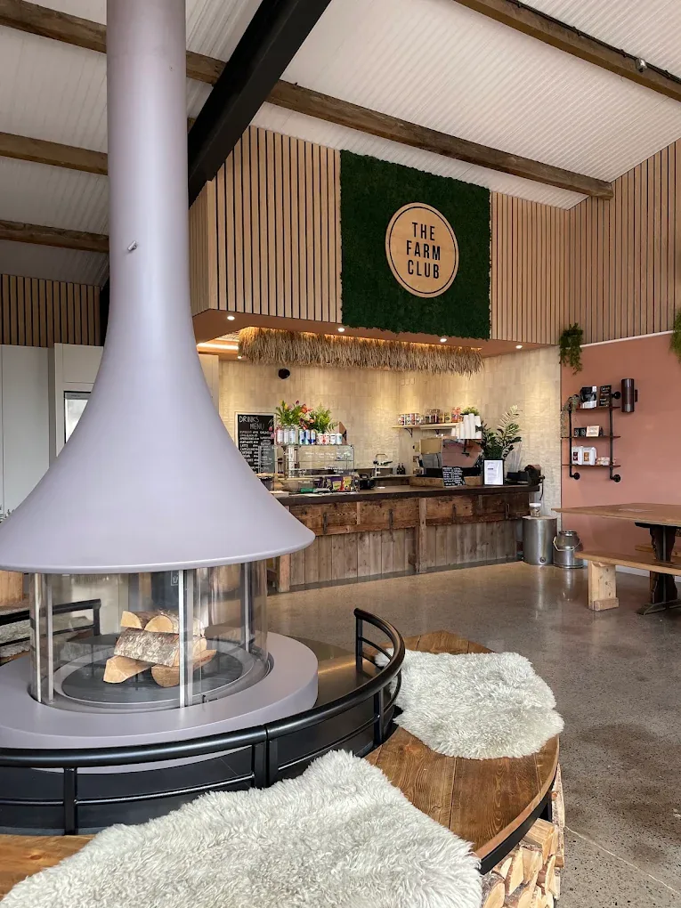 The Farm Club cafe with its central log fire